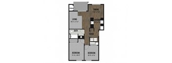 A floor plan of a small apartment with two bedrooms, a living room, a kitchen, a bathroom, a foyer, and a storage area.