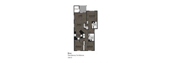 A diagram of a three bedroom, two bathroom apartment.