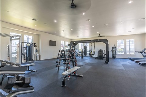 A spacious gym with a variety of equipment including dumbbells, weight machines, and a bench press at Northplace Apartment Homes, Salem, Oregon