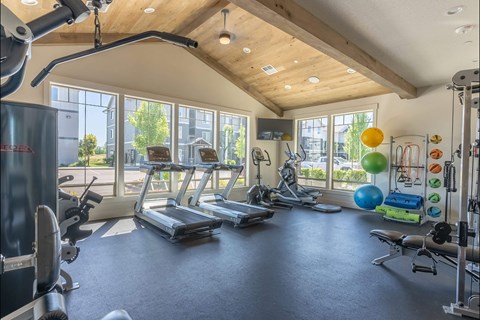 A spacious gym with a variety of exercise equipment and a large window overlooking the outdoors at Timberridge Place Apartment Homes, Albany, OR, 97322