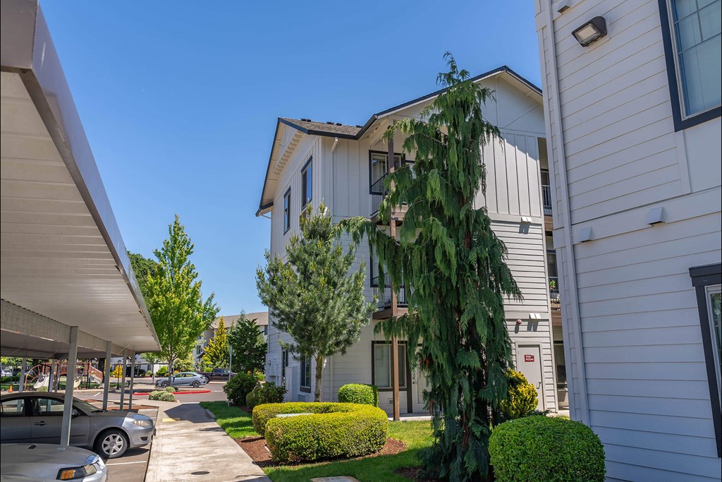 A tree in a front yard of a house at Riverplace Apartment Homes, Independence