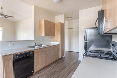 A kitchen with a black dishwasher and stove top oven.