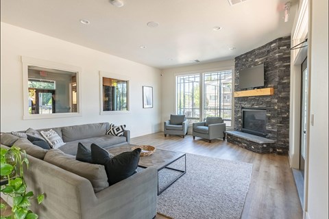 A living room with a grey couch and a stone fireplace.