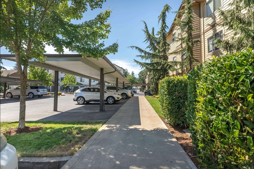 A tree-lined street with cars parked on the side at Stoneplace Apartment Homes, Oregon, 97038
