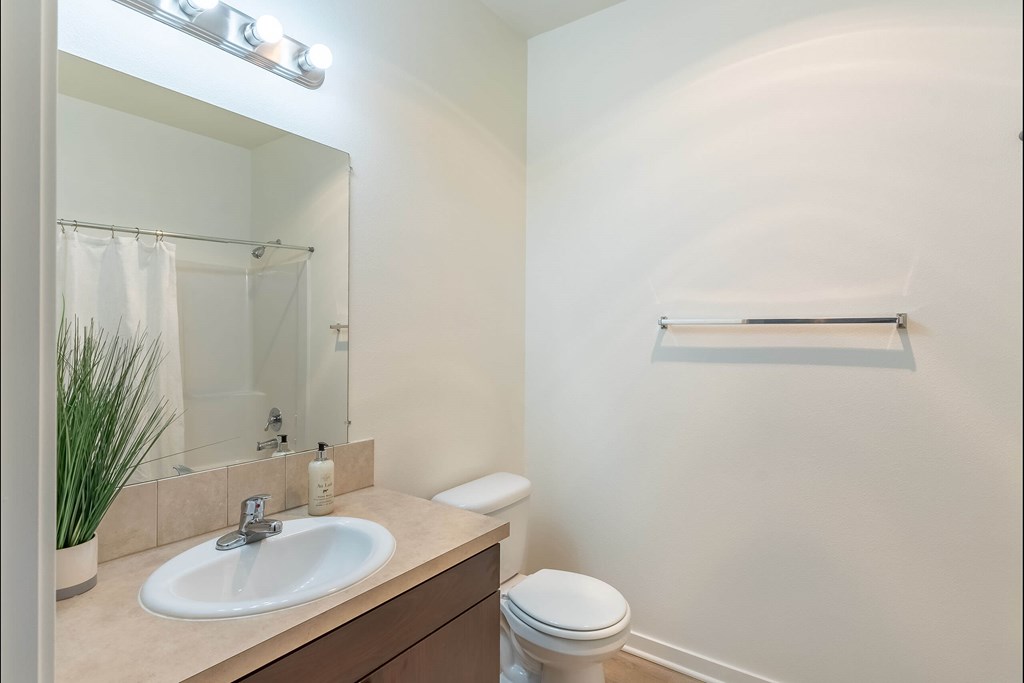 A bathroom with a sink, toilet, mirror, and a plant at Stoneplace Apartment Homes, Molalla, Oregon