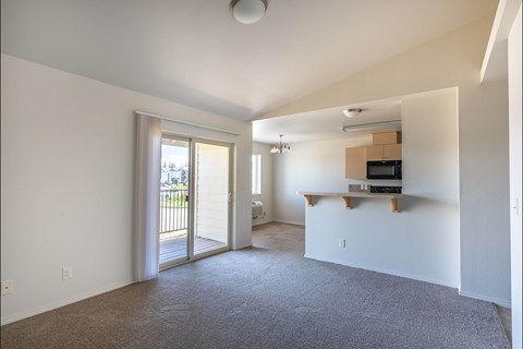 A spacious living room with a grey carpet and a sliding glass door leading to a balcony.