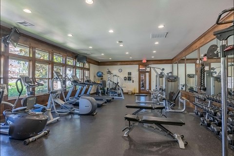 A spacious gym with a variety of equipment including treadmills, weights, and exercise machines at Stoneplace Apartment Homes, Molalla, 97038