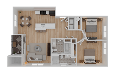 A top-down view of a small apartment layout with a kitchen, living room, and bedroom.