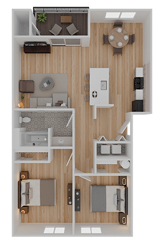 A top-down view of a small apartment layout with a kitchen, living room, and bathroom.