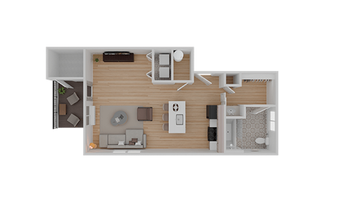 A top-down view of a house layout with a living room, kitchen, and bathroom.