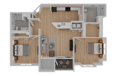 A 3D rendered image of a house layout.