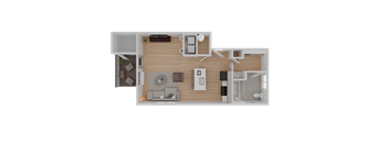 A top-down view of a house layout with a living room, kitchen, and bathroom.