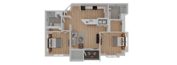 A 3D rendered image of a house layout.
