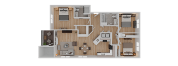 A top-down view of a house layout with various rooms and furniture.