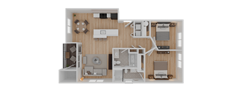 A top-down view of a small apartment layout with a kitchen, living room, and bedroom.
