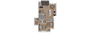A detailed 3D floor plan of a house layout.