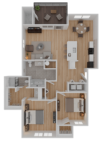 A detailed 3D floor plan of a house layout.