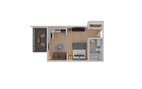 A floor plan of a small apartment with a kitchen, living room, and bathroom.