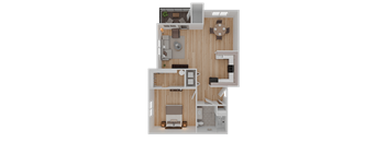 A 3D floor plan of a house layout.
