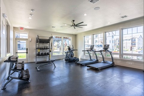 A spacious gym with treadmills, weights, and a ceiling fan.