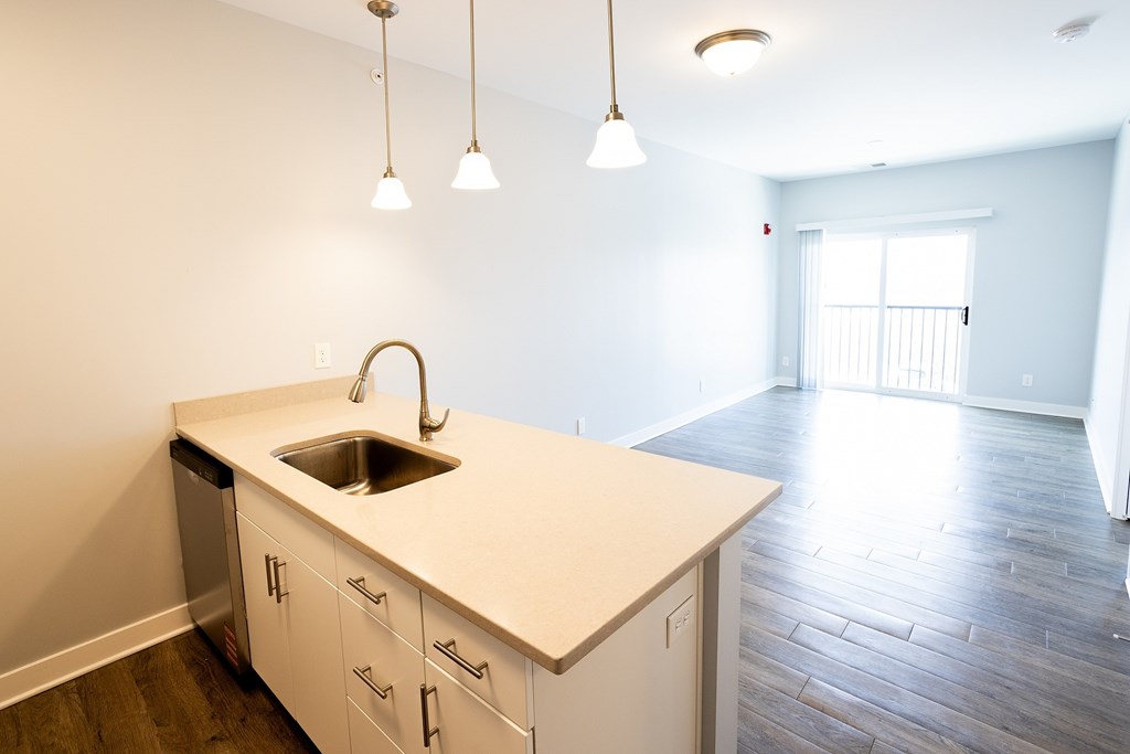 A kitchen with a sink and cabinets.