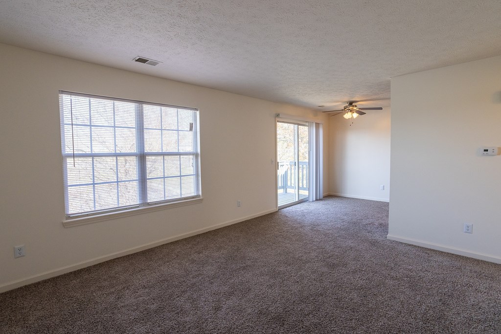 A room with a carpeted floor and a ceiling fan.