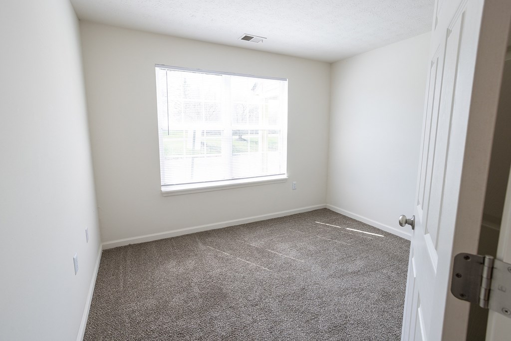 A room with a carpeted floor and a window.