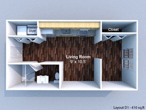 A diagram of a living room layout with a washer and dryer in the corner.