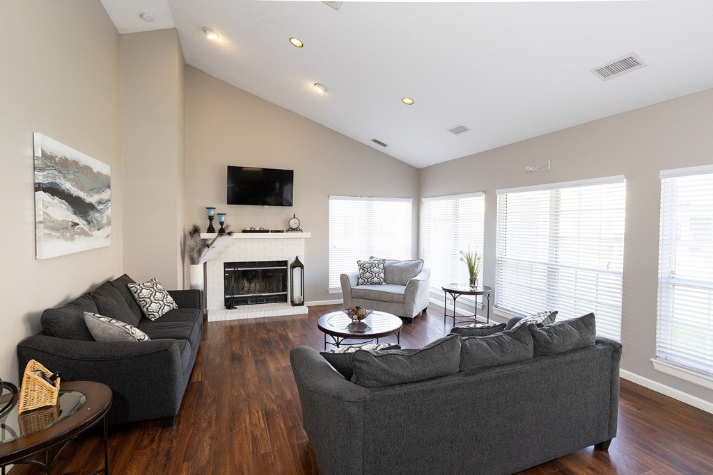 A living room with a fireplace and a television.