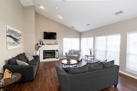 A living room with a fireplace and a television.
