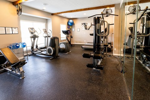 A spacious gym with a variety of equipment including a treadmill, weights, and a bench press.