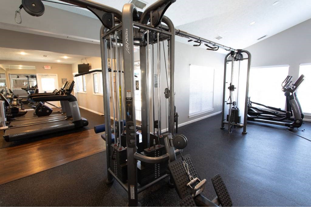 A gym with a variety of equipment including a treadmill, weights, and a bench press.