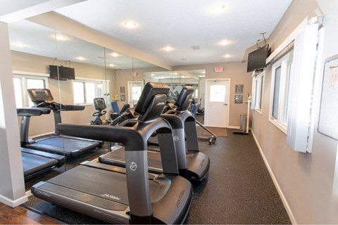 A gym with treadmills and elliptical machines.