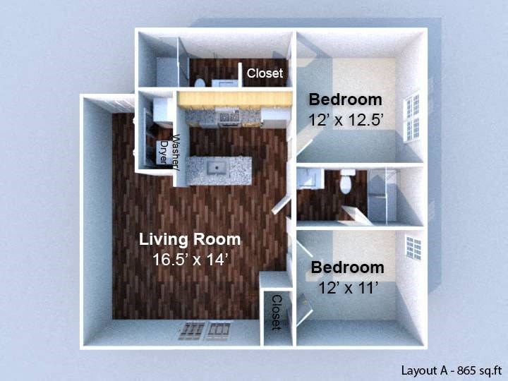 A layout of a 865 square foot apartment with a living room, two bedrooms and a closet.