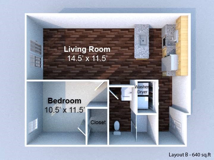 A layout of a living room and bedroom with a washer and dryer in the bedroom.