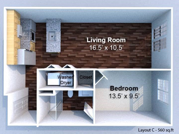 A layout of a living room and bedroom with a washer and dryer in the living room.
