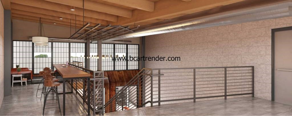A modern interior space with a dining area and a staircase.