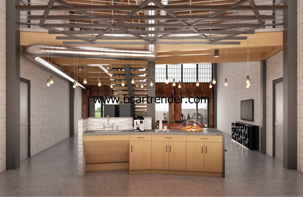 A modern kitchen with a central island and pendant lights.