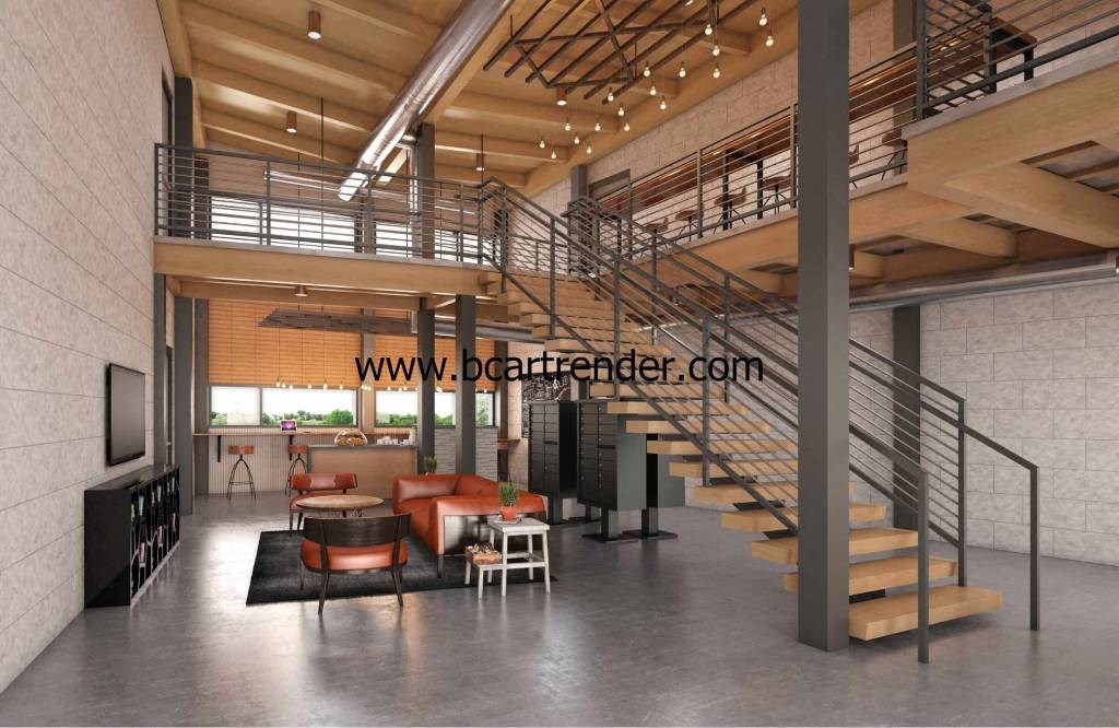 A modern interior space with a staircase and a television.