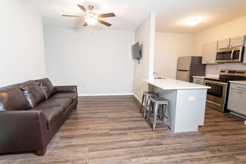 A brown leather couch sits in a living room with a kitchen in the background.