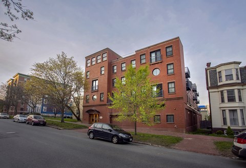A tall red brick building with a tree in front of it.