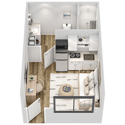 A top-down view of a modern, well-organized kitchen and living room.