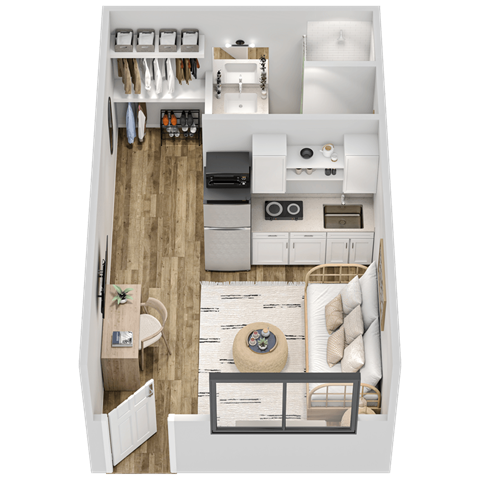 A top-down view of a small, well-organized kitchen and living room.