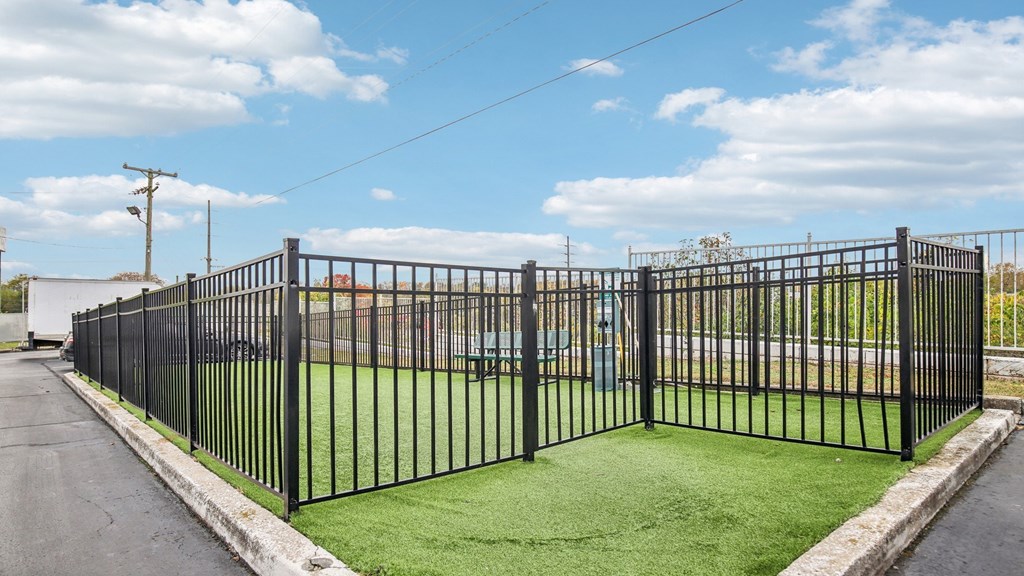 A black metal fence encloses a green lawn.