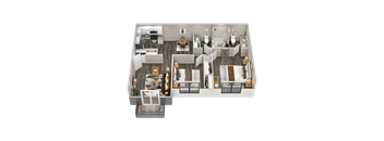 A top-down view of a house interior with a kitchen, living room, and two bedrooms.