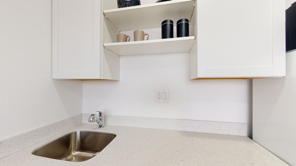 A kitchen with a sink and a cabinet above it.