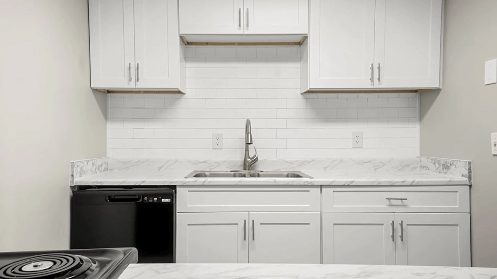 A kitchen with white cabinets and a black dishwasher.