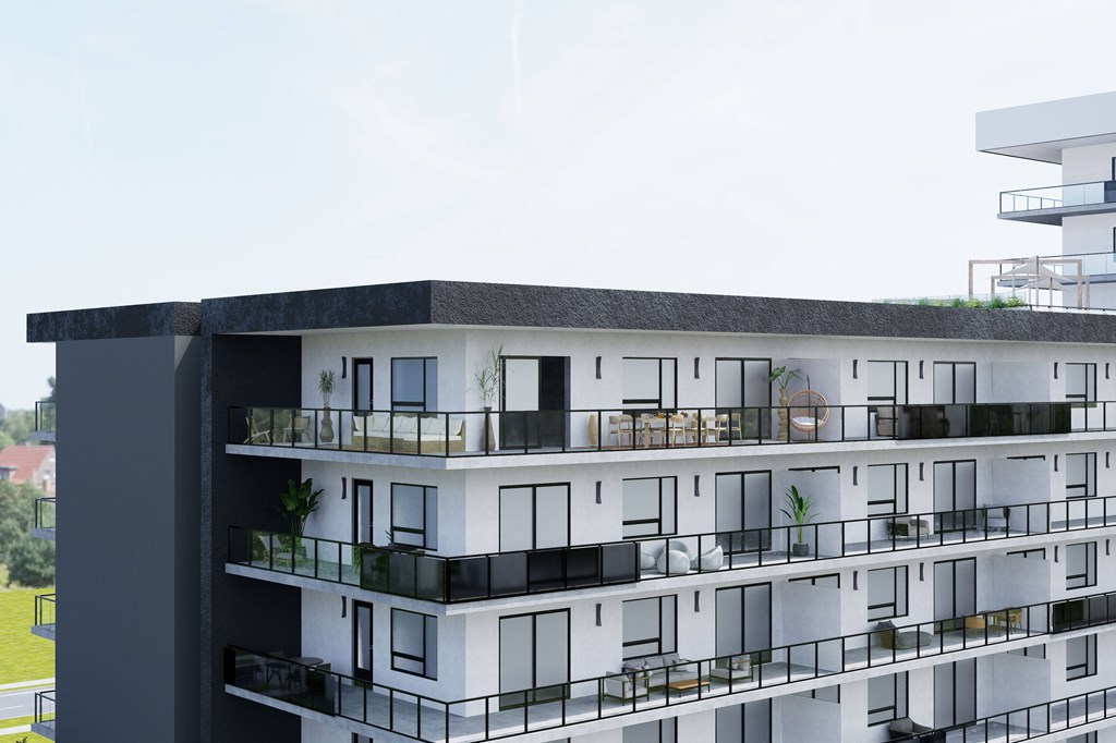 A modern building with balconies and plants on the balconies.