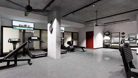 Gym with treadmills, weights, and exercise equipment at Damask, Windsor, ON