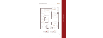 A floor plan for a 1 Bedroom + Den apartment in Suite 9.